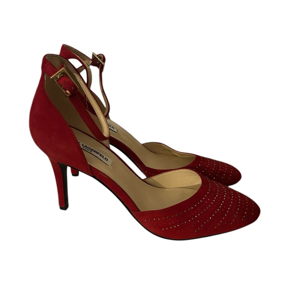 Karl Lagerfeld Red Suede with Rhinestone Heels with ankle strap 8.5